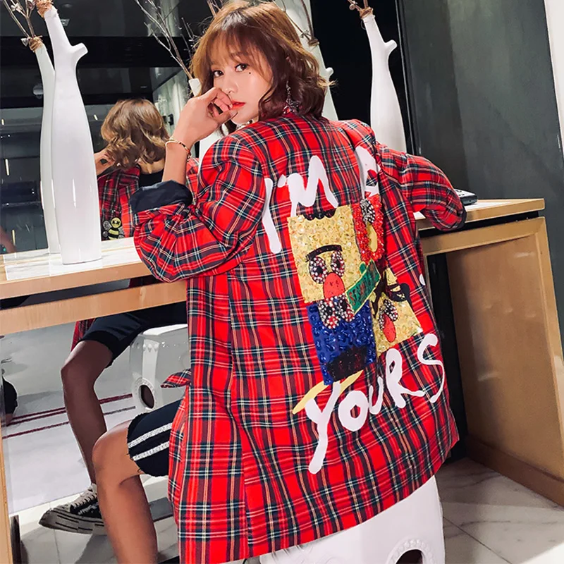 Осенняя коллекция 2020 года куртки с пайетками модные клетчатые женские длинные