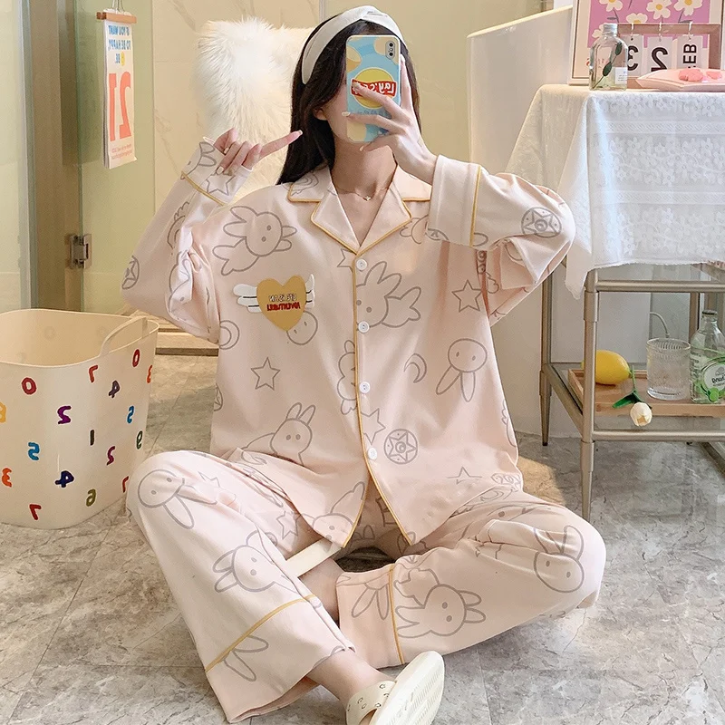 

Пижама для женщин, комплект из 2 предметов, новинка 2021, пижама в стиле принцессы, Женская весенне-осенняя Хлопковая пижама с милым кроликом и ...