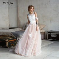 verngo blush pink a line tulle beach boho wedding dress 2021 lace applique o neck floor length garden country bridal dresses