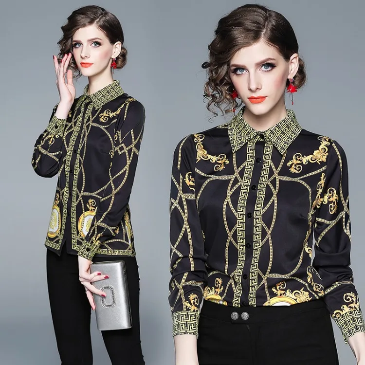 

High Quality Printed Blouse Shirts Women Turn-down Collar Long Sleeve Harajuku Streetwear Vintage Leisure Top