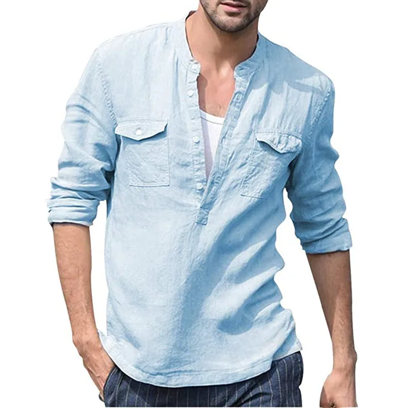 

2021 European American Spring Autumn New Men's Cotton Linen Casual Long-sleeved Shirt Fashion Solid Color Camisas Para Hombre