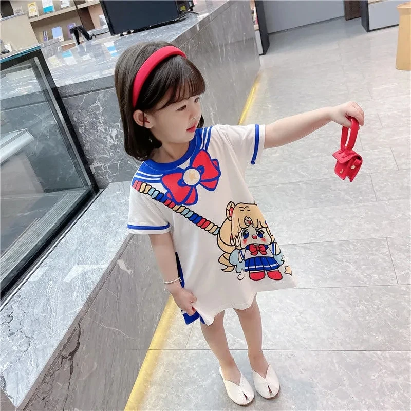 

2021 Kids Fake two-piece Pleated Dress baby t-shirt for LittleGirls Cartoon Print Dress Summer Children Cute Clothing 2 4 6 8Y