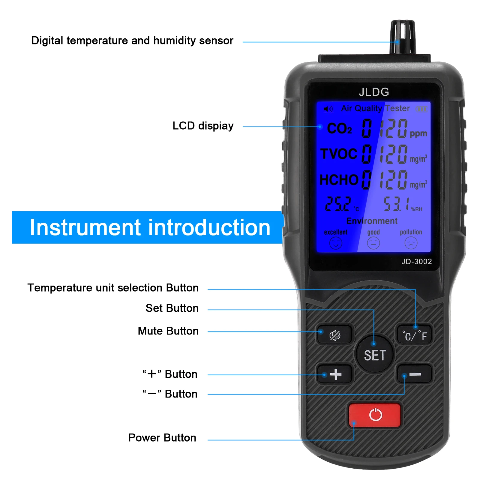JD-3002 8 в 1 Многофункциональный тестер качества воздуха газоанализатор детектор CO2