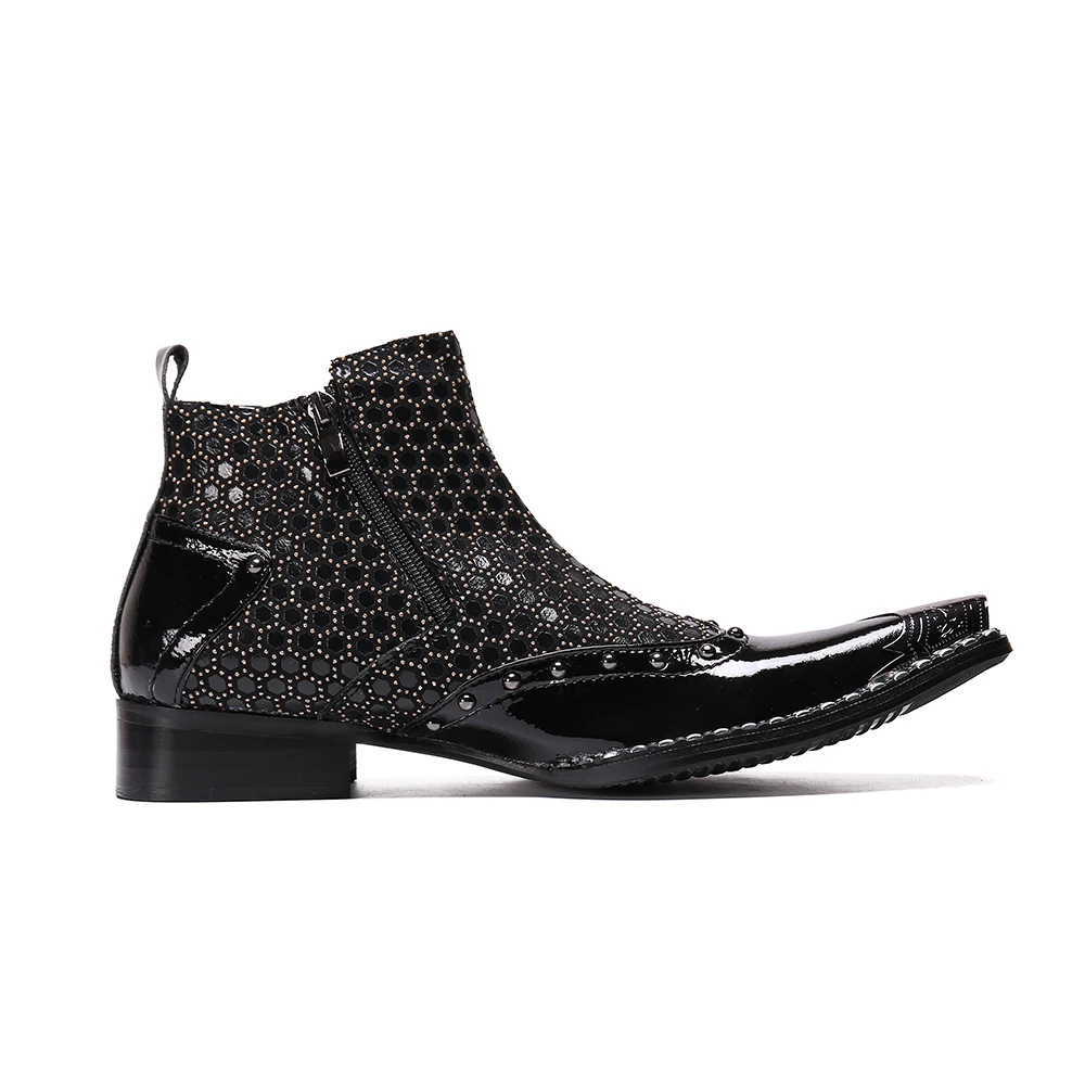 

Christia Bella Black Big Size Male Party Genuine Leather Zipper Short Boots Quilt Pattern Men's Party Fashion Motorcycle Boots