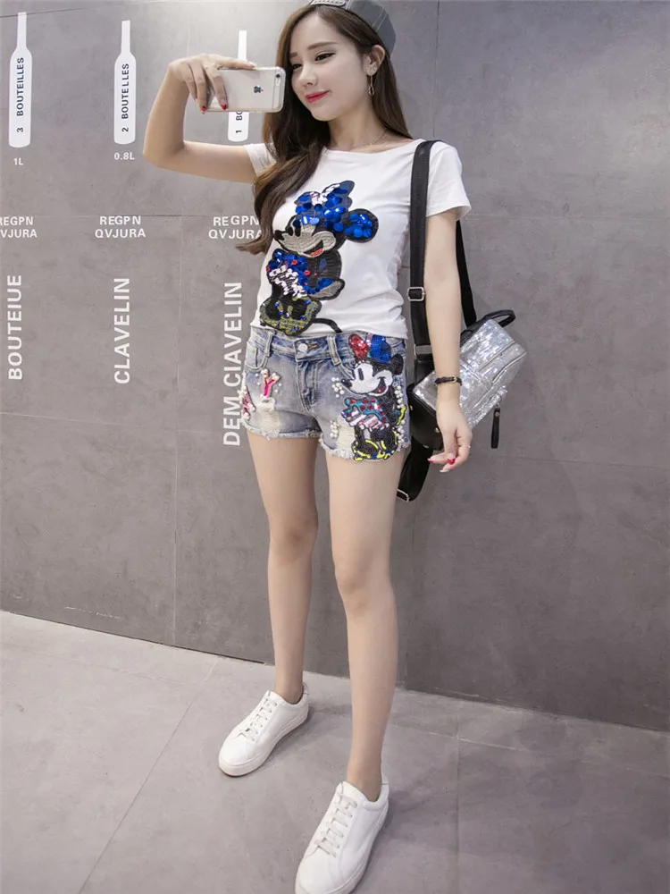 

2021 black jeans female half sequin embroidery short single-breasted irregular raw edge Women clothing denim shorts fashiond