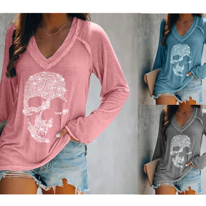 

Women Long Sleeve V-Neck skull t shirt 2022