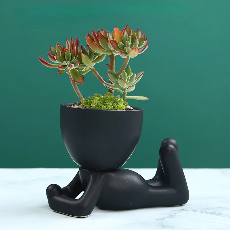 Creative Black Figure Flower Pot Plant Cactus Potted Abstract Ceramic Figurine Coffee Table Living Room Decor | Дом и сад