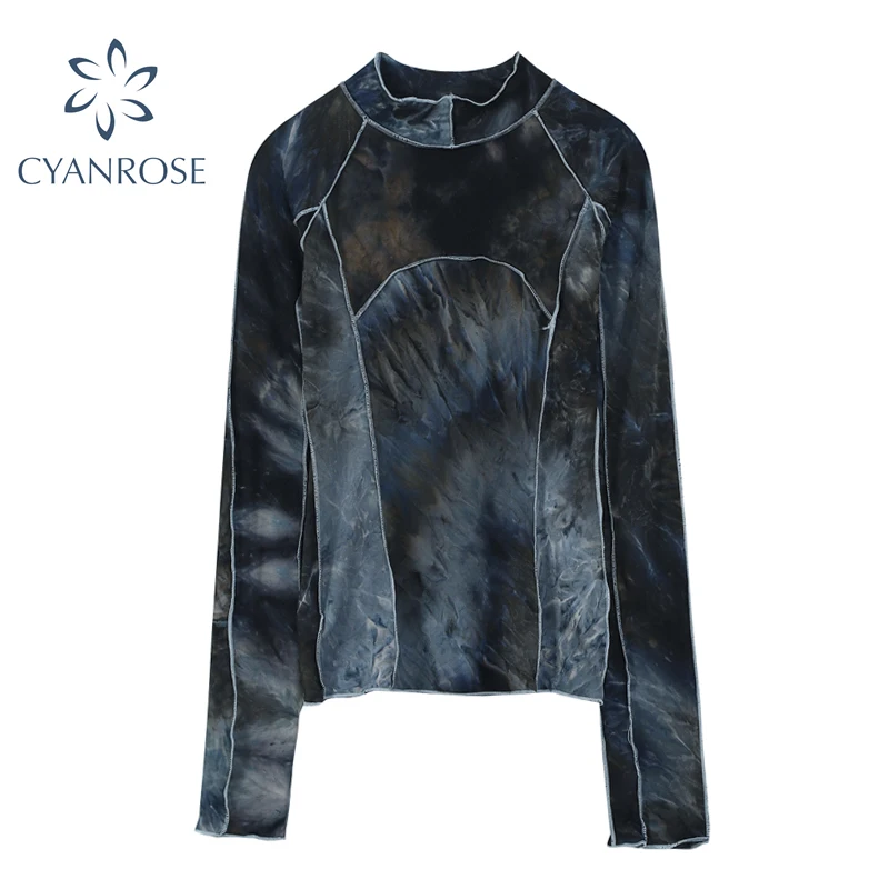 Женская Асимметричная футболка с воротником-стойкой и длинным рукавом в