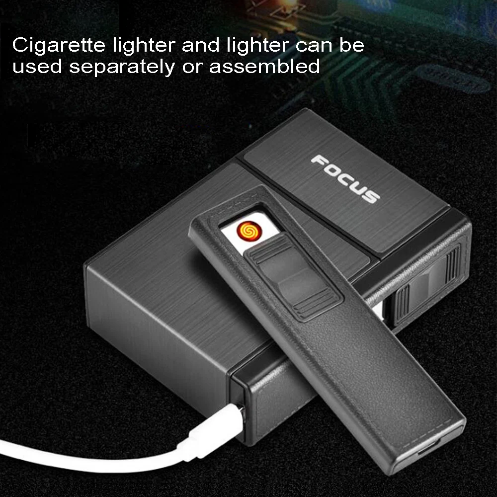 

New 20-pack Charging lighter + Metal Cigarette Case USB Charged Electronic Lighter Creative Cigarette Box Cigarette Holder
