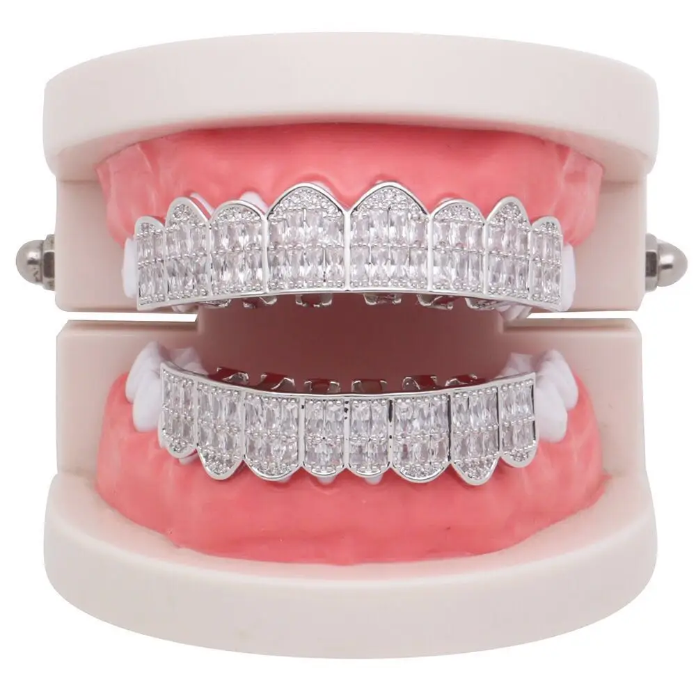 Shining Hip Hop Grillz Iced Out CZ Fang Mouth teeth grills Caps Top &amp Bottom tooth Set Men Women |