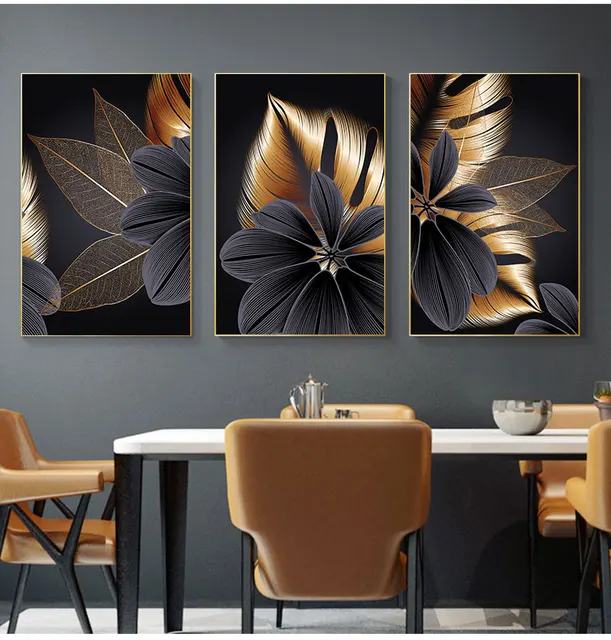 Art Painting Nordic Living Room Decoration Picture Black Golden Plant Leaf Canvas Poster Print Modern Home Decor Abstract Wall 5