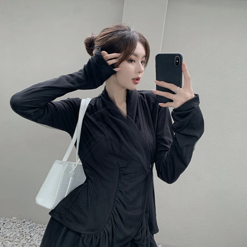 

2021 Spring Summer New Irregular Temperament Two-Piece V-Neck Long-Sleeved Top+Elastic Waist Mesh Long Skirt Fashion Suit Women