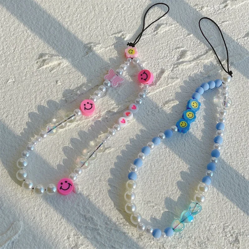 

Cute Soft Pottery Blue Pink Smiley Telephone Anti-Lost Lanyard White Imitation Pearl Bead Mobile Phone Chain Women Jewelry Gifts
