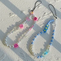 cute soft pottery blue pink smiley telephone anti lost lanyard white imitation pearl bead mobile phone chain women jewelry gifts