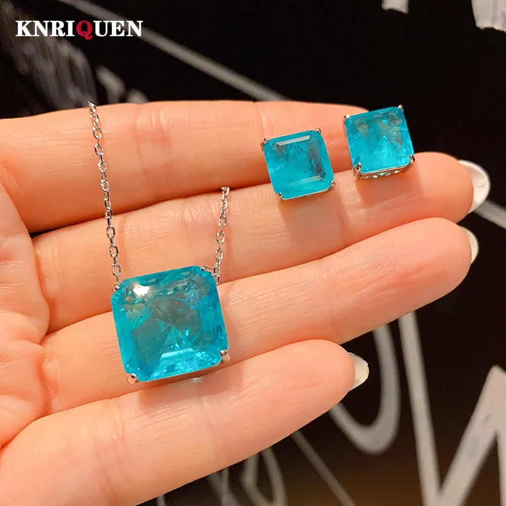 

2022 Charms Paraiba Tourmaline Jewelry Sets for Women Gemstone Wedding Party Earrings Pendant Necklace Female Gift Accessories