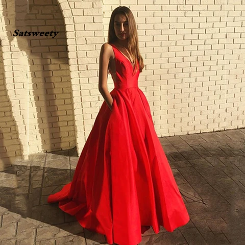 Satsweety Satin Ball Gown Formal Prom Dresses Illusion V-neck Back Party Evening Dress with Pockets vestido de formatura