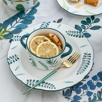 green leaves ceramic plates and dishes laciness under glazed bone china dinnerware eco friendly cutlery set cute spoon bowls cup