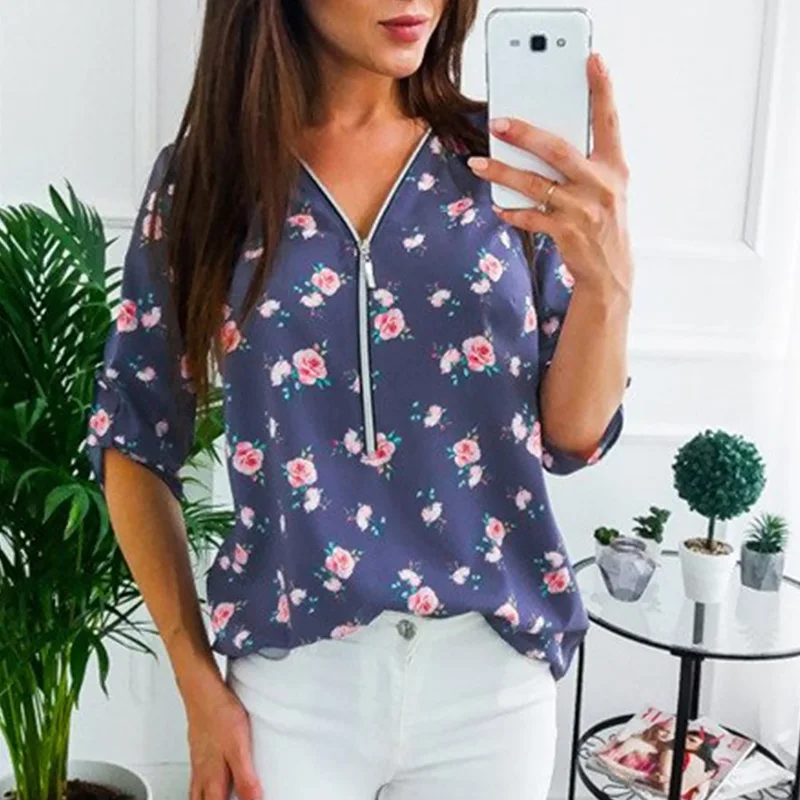 Новинка модная женская блуза с v-образным вырезом на молнии принтом рубашки для