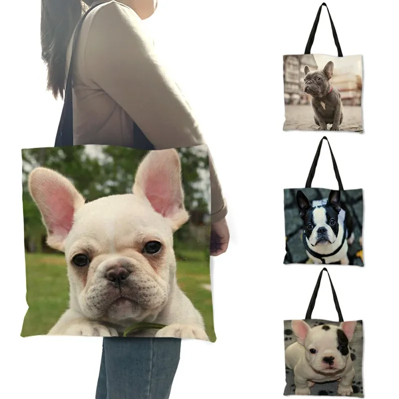 

New Woman Shoulder Bag Cute Bulldog Image Prints Hand Bags Eco Linen Practical Large Capacity Tote Bag for Ladies Girls