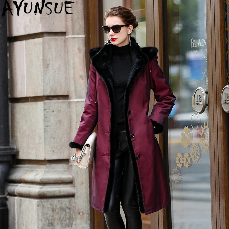 

AYUNSUE Luxury Natural Rabbit Fur Liner Parka Winter Jacket Women Real Mink Fur Collar Long Coat Female Parkas clothes MY3603