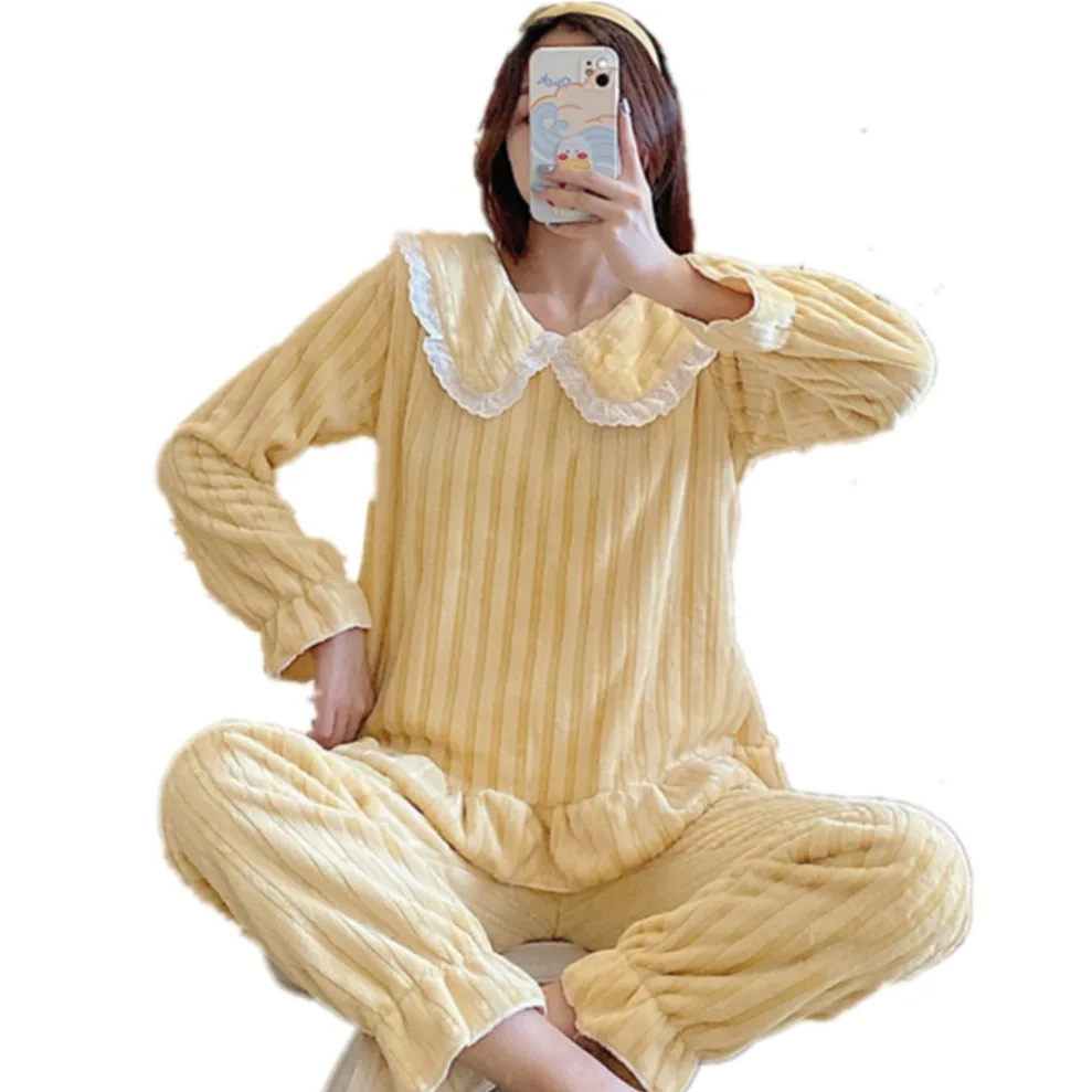 

2020 Autumn Winter Women Pajamas Flannel Warm Long Sleeve Two Piece Soild Color Peter Pan Collor Sweet Sleepwear Suits Casual