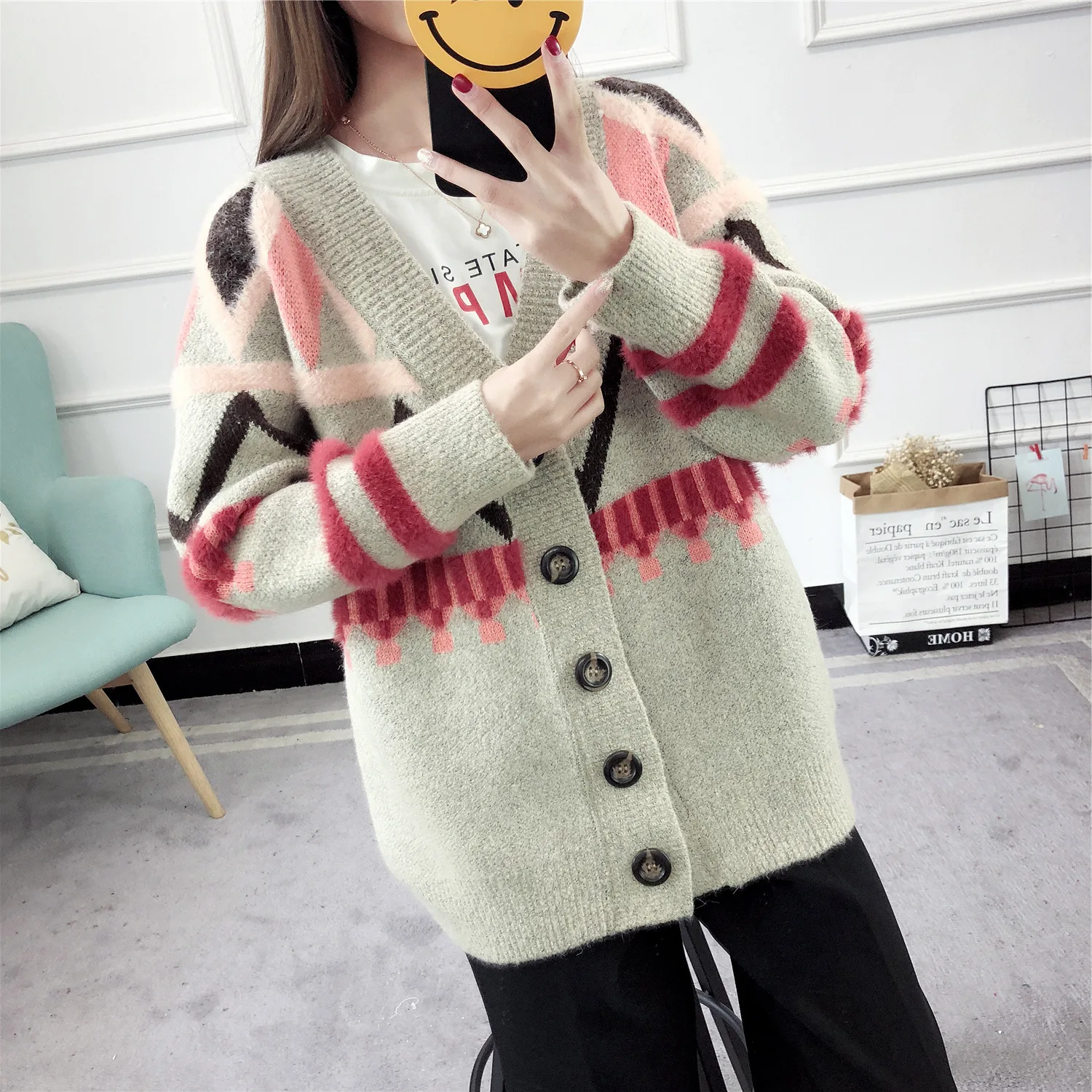 Кардиган Свитер Повседневный с v-образным вырезом пуговицами длинный кардиган