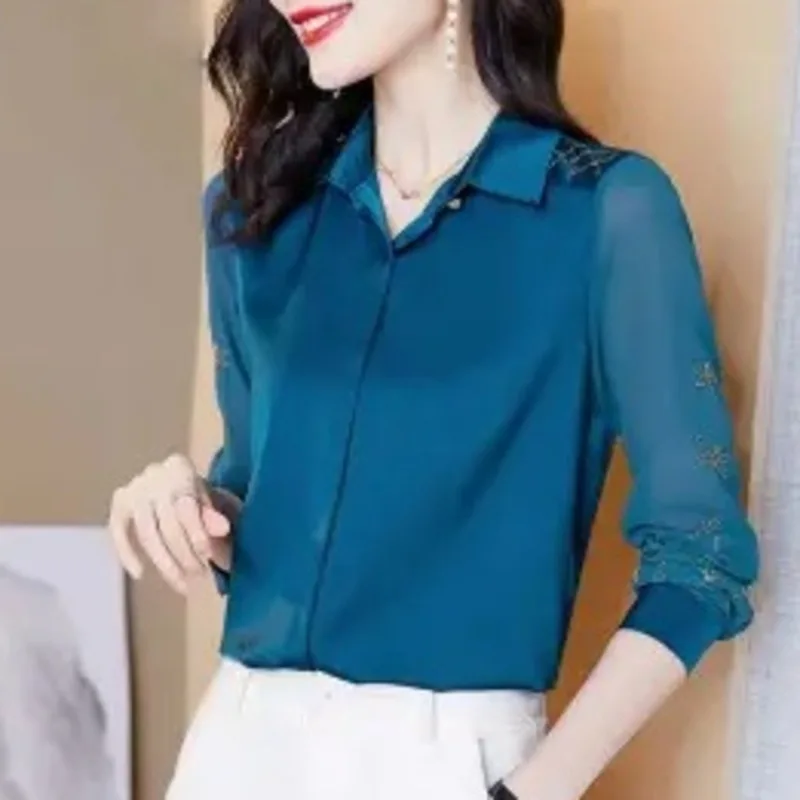 

Women Stylish Floral Embroidery Solid Slim Blouse Long Sleeve Turn-down Collar Office Lady Casual Shirts 2021 Spring Blusas