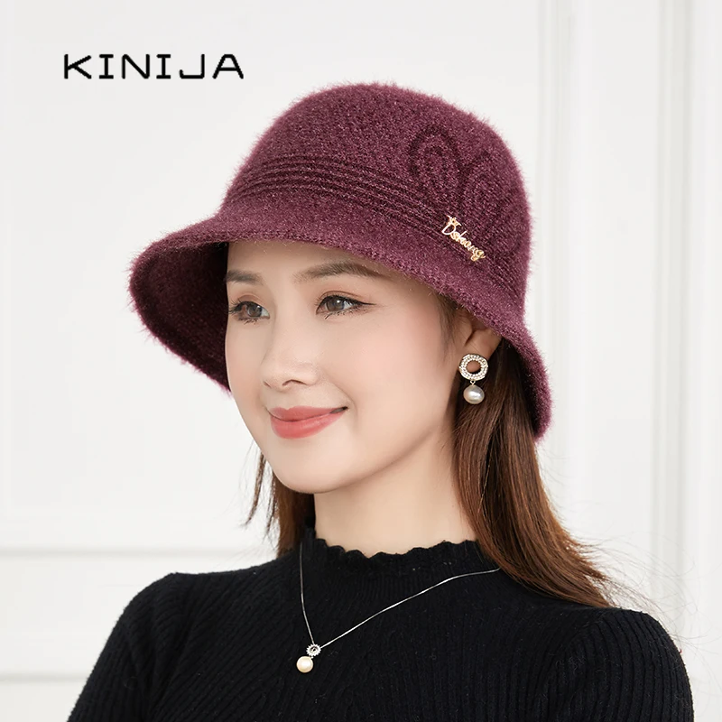 Elegant lady luxury bucket hat fedora hat women winter female warm knitted plush thicken Panama cap Middle aged fashion mom gift