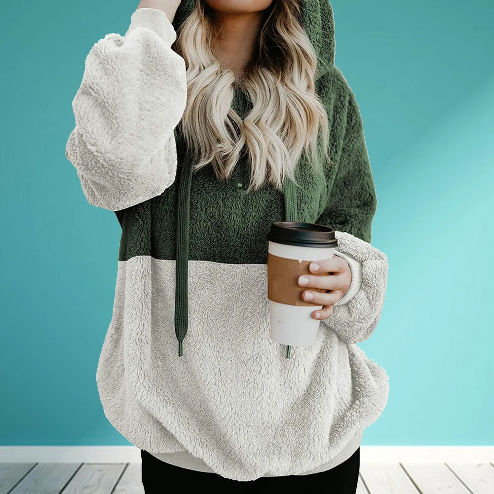 Женские теплые ворсистые толстовки с длинными рукавами на шнурке молнии для