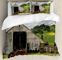 rustic duvet cover set old wooden barn with rusted tractor hillside enclosed with wooden fence and trees decorative 3 piece b