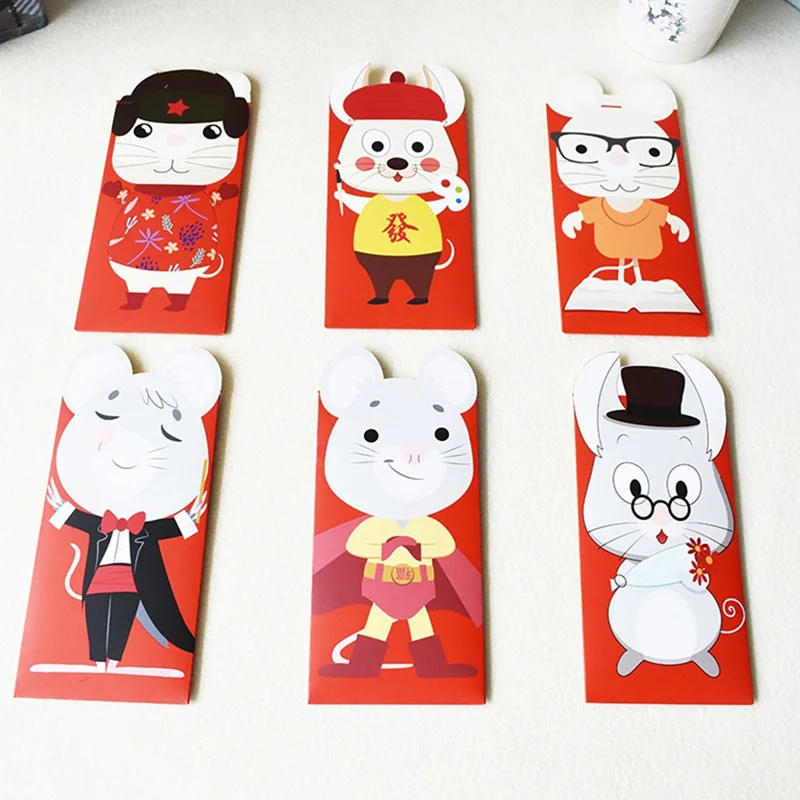 6 шт./компл. китайский новый год красный конверт для денег крысы пакет мешок