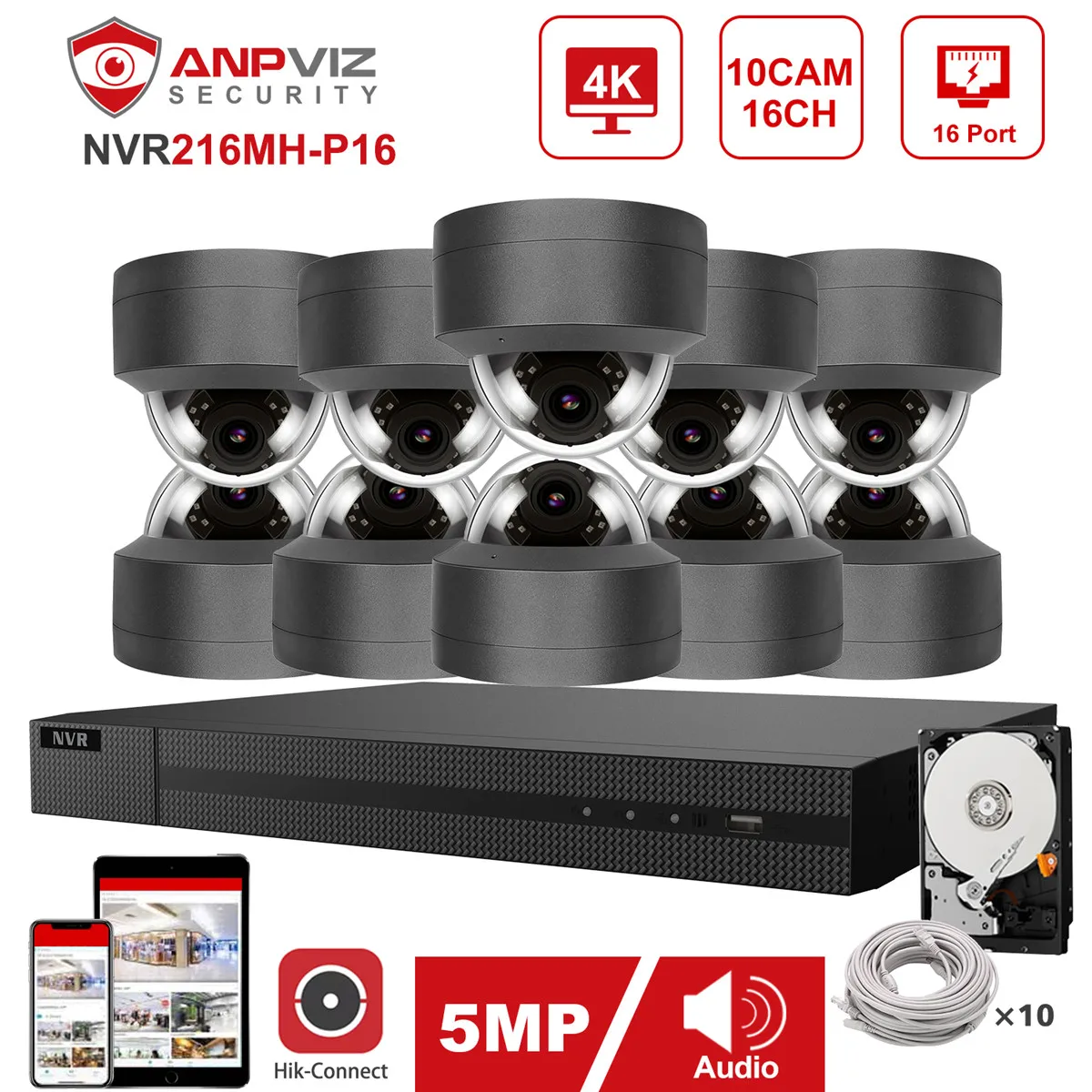

Hikvision OEM 16CH 4K NVR Anpviz 5MP POE IP Camera System 10pcs Indoor/Outdoor IP Security System Kit IP66 30m Pulg&Play Gray