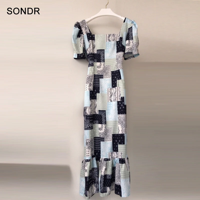 

Elegant Lady One-Piece Dresses Korean Fashion 2020 Summer Dresses Vintage Print Square Neck Puff Sleeve Mermaid Dress Midi Dress