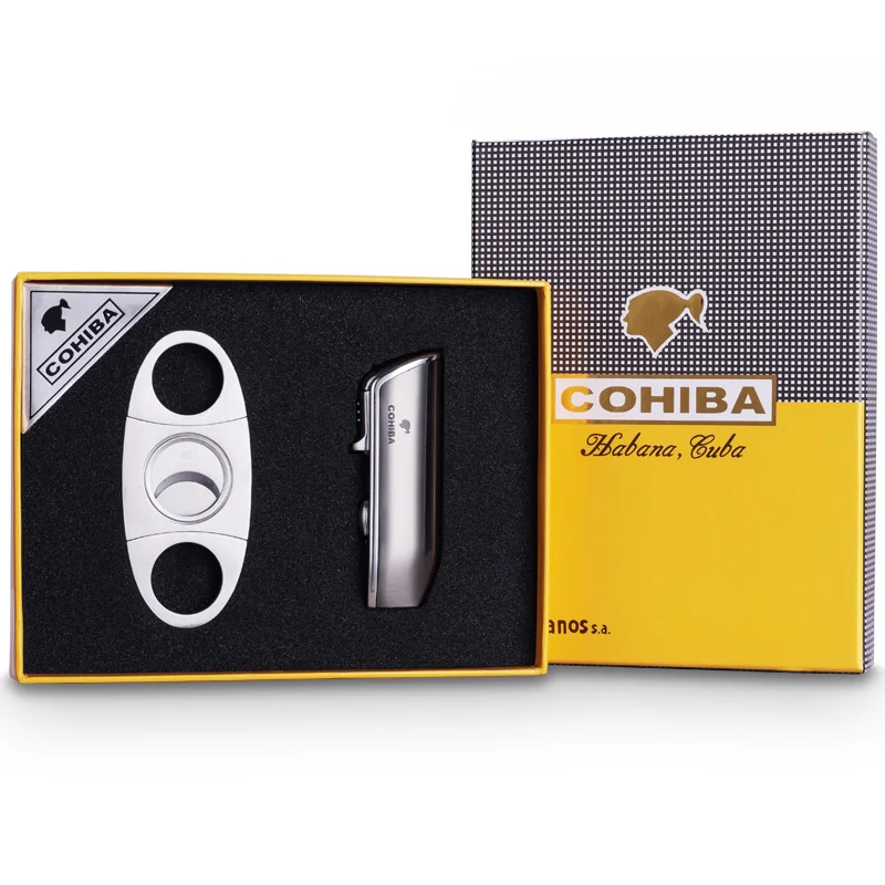 grey set COHIBA ветрозащитная 3 фонарь Jet Flame бутан Газовая металлическая зажигалка с сигары резак подарочный набор CL-TZ009a - Цвет: grey set