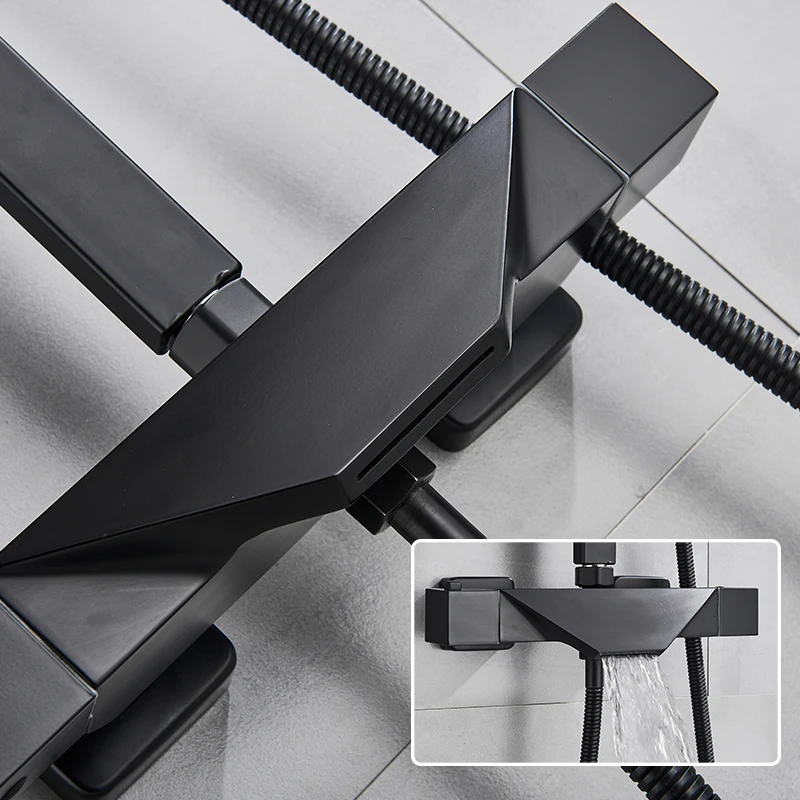Black Thermostatic Bathroom Shower Faucet Set Rainfall 8 inch Shower Head High Quality Shower Crane Brass tub spout Mixer Taps