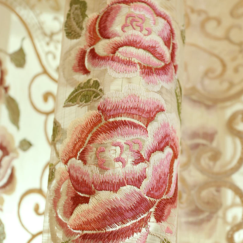 Занавеска с вышивкой пиона в американском стиле для гостиной прозрачная бежевая