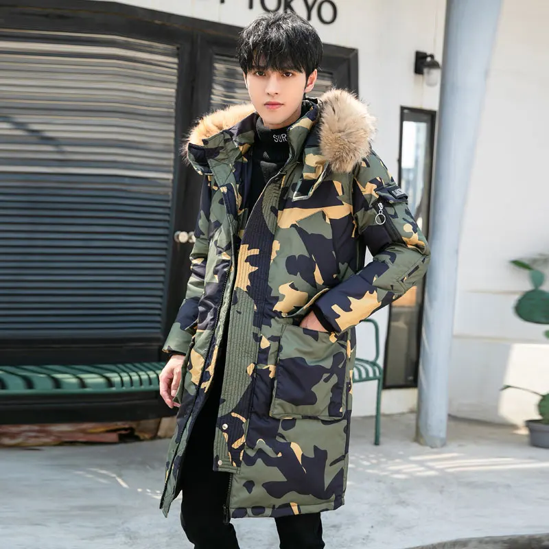 Winter men's down jacket 90% white duck down coat fashion trend thicken warm fur collar mid-long jacket casual running men style