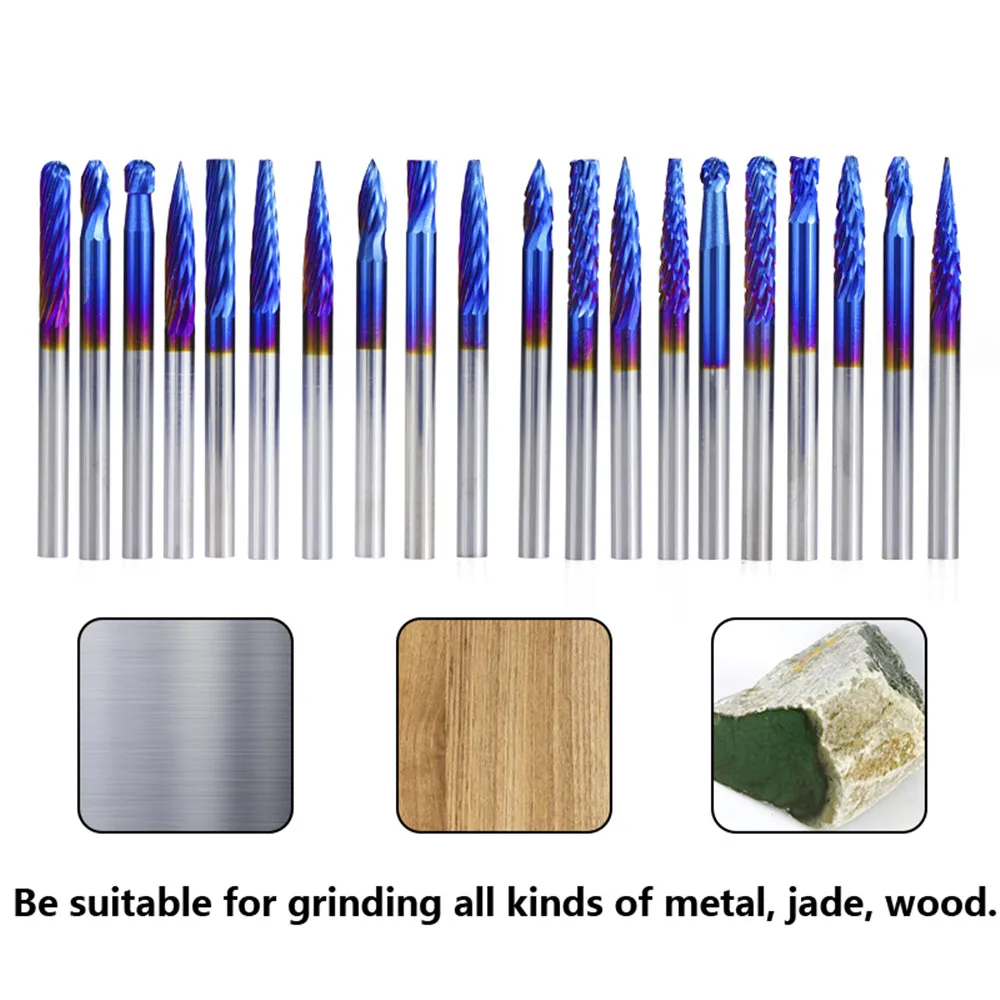 

20Pcs 3X3Mm Super Nano Blue Coating Double Cut and Single Mixed Rotary Files Carbide Router Rasps Rotary Burrs Set