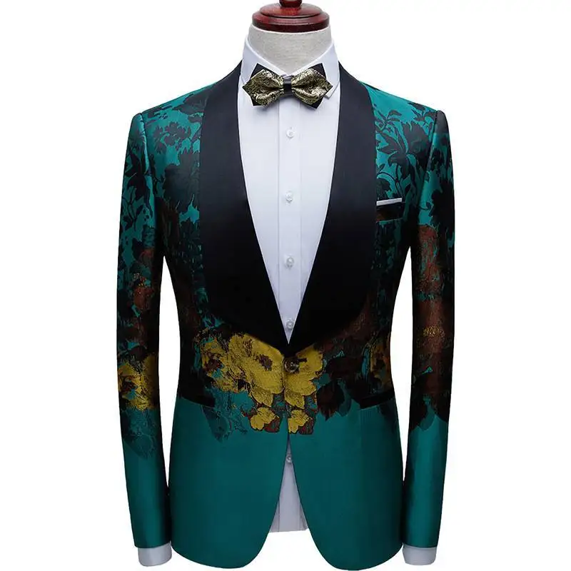 Mens Blazer Colorful Abstract Floral Patterned Cotton Polyester With Shawl Lapel And Pockets Without Flap high-end men clothing