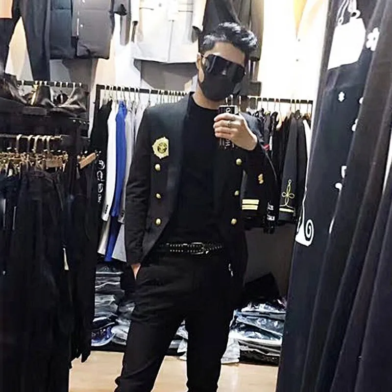 

Black Winter Single Button Shawl Collar Badage Mens Casual Blazers Euro Fashion Back Middle Split Slim Fit Male Coats Big Size