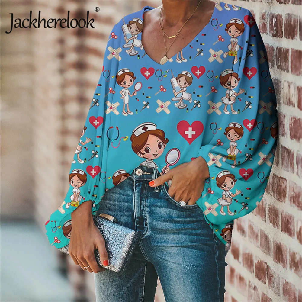 

Jackherelook Large Size Blouse Gradient Cartoon Nurse Doctor Medical Casual Loose Long Sleeve Shirt Tops V-neck Women Clothing