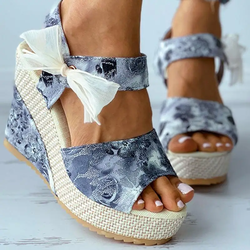 

High Heels Platform Shoes Women Sandals Summer New Styles Super High-Heeled Flowers Bows Ladies Sandals Wedges Lace-Up Shoes
