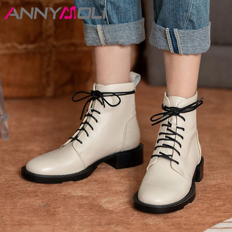 

ANNYMOLI Woman Boots Natural Genuine Leather Med Heel Ankle Boots Lace Up Thick Heel Short Boots Round Toe Ladies Shoes Autumn