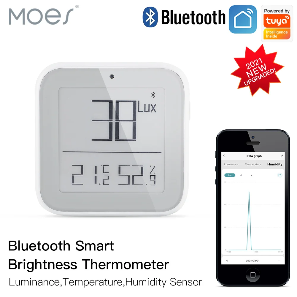 

Moes Smart Bluetooth Brightness Thermometer Real-time Light Sensitive Temperature and Humidity Sensor with Tuya Smart App