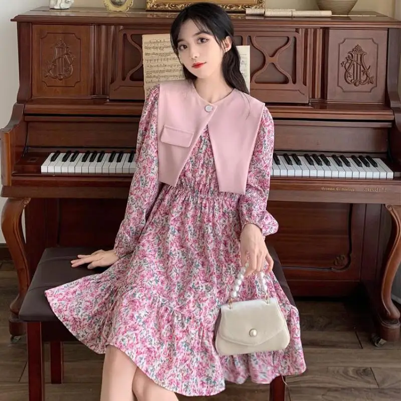 

Винтажные Цветочный принт с длинным рукавом, с тонкой талией, модельные туфли для женщин; Сезон весна-лето; Женские длинные платья с жилетом