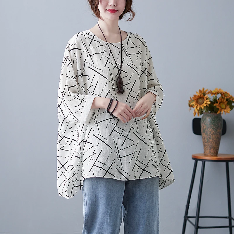 

DIMANAF 2021 Women T-Shirt Style Bat Linen Polka Dot Striped Print Ladies Vintage Tee Oversize Shirt Fashion Summer Flower Tops