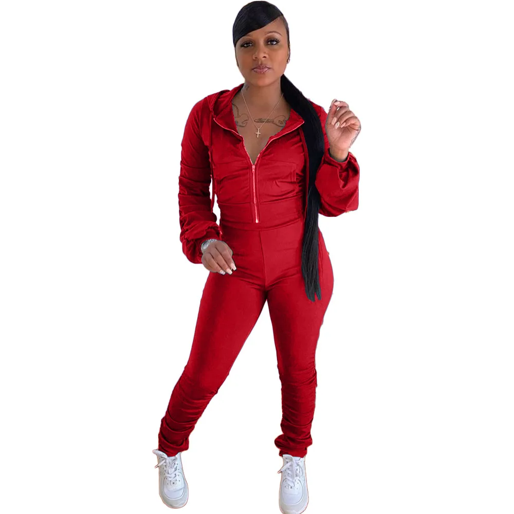 

Autumn Newest Solid Women Casual Sets Plus Size Hooded Neck Pleated Sleeve Zipper Skinny Coat High Waist Draped Pants Outfits