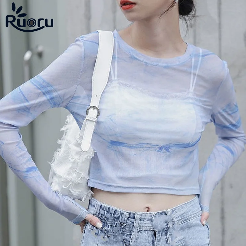 Ruoru Tie Dye Tops Long Sleeve Crop Top Women Casual Summer Spring Aesthetic Harajuku Mesh Tops Cut Out Sexy T Shirts