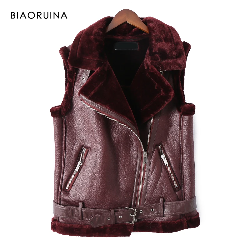 BIAORUINA Women's Moto&ampBiker Style PU Patchwork Fleece Thick Keep Warm Vest with Belt Female Autumn Winter Fashion Coat | Женская