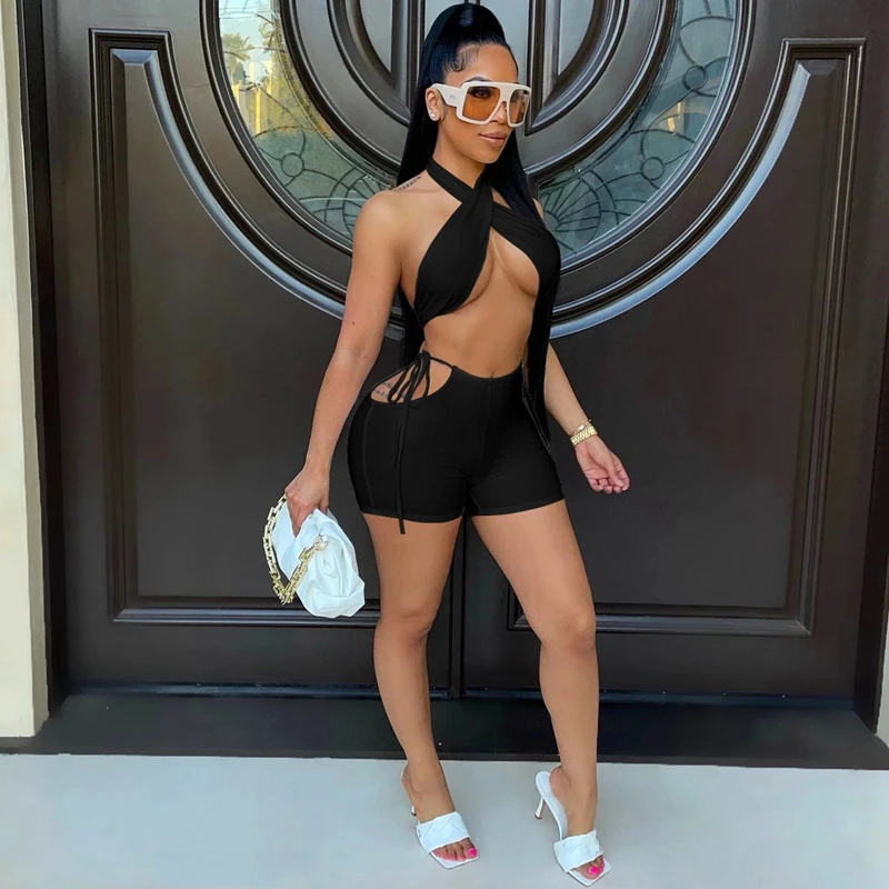 

Sexy Two Piece Set Club Outfits for Women Halter Crop Top Lace Up Biker Shorts Lounge Matching Sets Festival Clothing